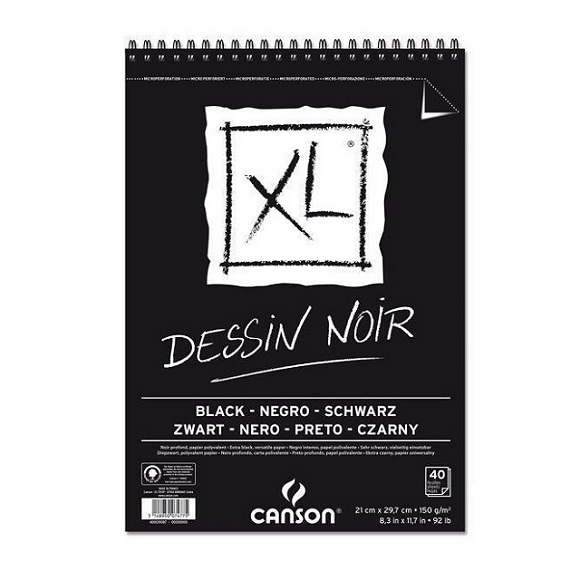 Blocco XL Dessin Noir_con carta nera Blocco Spiralato Canson XL Noir, blocco da disegno per tecniche secche con carta nero profondo. Formato A4