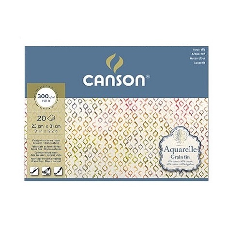 Blocco Canson Acquerelle, composto da 20 fogli, collati sui 4 lati, di carta a grana fine, 60% cotone, dal peso di 300g /m2, misura cm 23 x 31