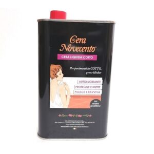 Cera Liquida Cotto Novecento, disponibile in lattine da 1 litro, in due colori; neutro e rosso casale