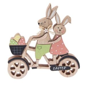 Coniglietti Pasquali in bicicletta, realizzati in legno, misurano 16 cm