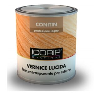 Vernice trasparente lucida per legno, a base solvente, indicata anche per esterno, disponibile in formato da 0,375 e 0,750 lt