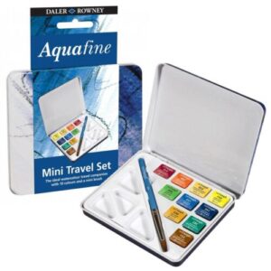 Acquerelli Aquafine Daler Rowney in mini travel set, composto da scatola/tavolozza in metallo, 10 mezzi godet di colori vari e un pennello.