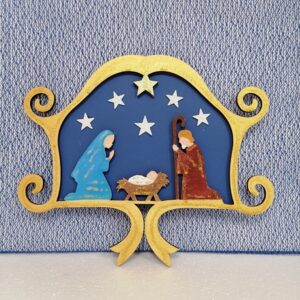Sagoma in legno rappresentante la Natività, dipinta e decorata a mano. Pezzo unico