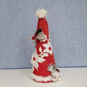 Decorazione natalizia a forma di cappello di Elfo/Babbo Natale, realizzato a mano, misura 30 cm h. per 12 diam. base. Pezzo unico realizzato a mano