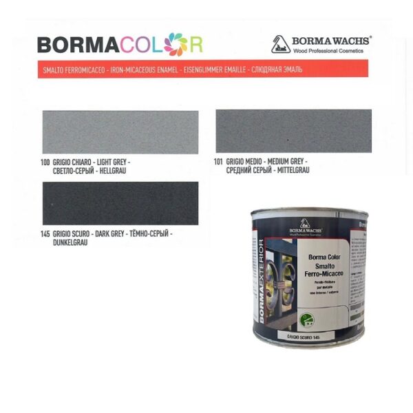 Smalto ferromicaceo a solvente Borma Color, disponibile in tre colori e tre diversi formati