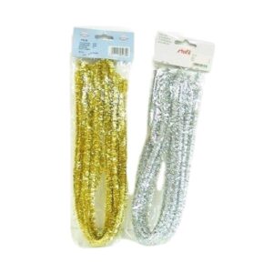 Fili di ciniglia metallizzati, color oro e argento. In confezione da 10 pz, ogni filo misura 50 cm di lunghezza per 8 mm di diametro
