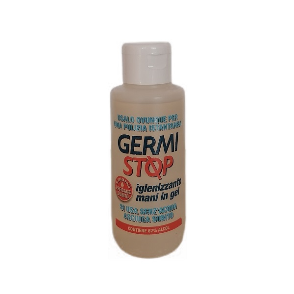 Germi Stop_Igienizzante mani Germi Stop di Prochimica, gel igienizzante per le mani, pronto all'uso. Contiene il 62% di alcool. Flacone da 150 ml