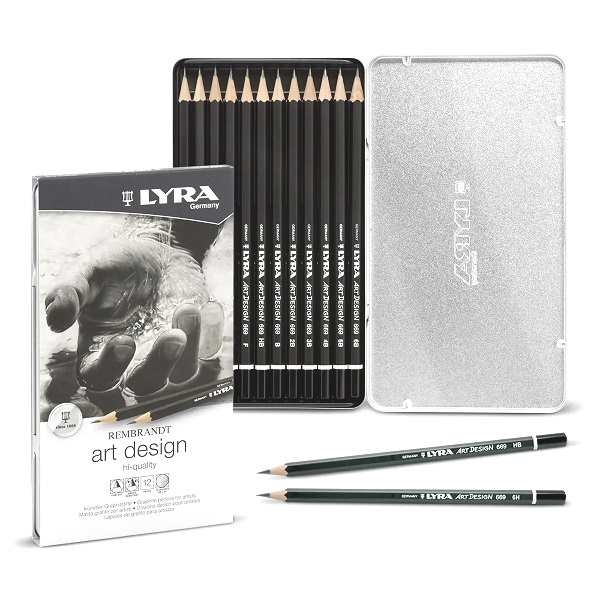 Lyra Rembrandt Art Design set composto da 12 matite in purissima grafite extra resistente con gradazioni dalla 6B alla 4H.
