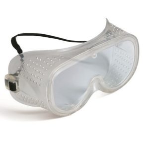 Occhiali protettivi in plastica morbida, con monolente in plastica trasparente, fori laterali d'areazione, fascia elastica.