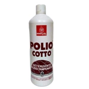 Polio Cotto di Mobiliol, detergente a base di acido tamponato per la pulizia di pavimenti in cotto e gres di prima posa. Può dare irritazione a pelle, occhi e vie respiratorie, seguire la indicazioni riportate sulla confezione. Flacone da 1 Lt