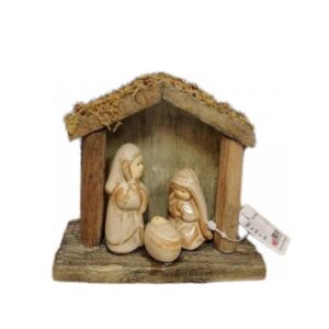 Piccolo Presepe composto da capanna in legno e Sacra Famiglia in ceramica