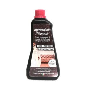 Rinnovapelle Novecento, crema neutra per detergere e nutrire tutti gli oggetti in pelle. Flacone da 250 ml.