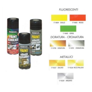 Paint Effetti Speciali; smalti in spray oro e argento, con effetto cromatura e doratura, con effetto fluorescente. Cartella colori.