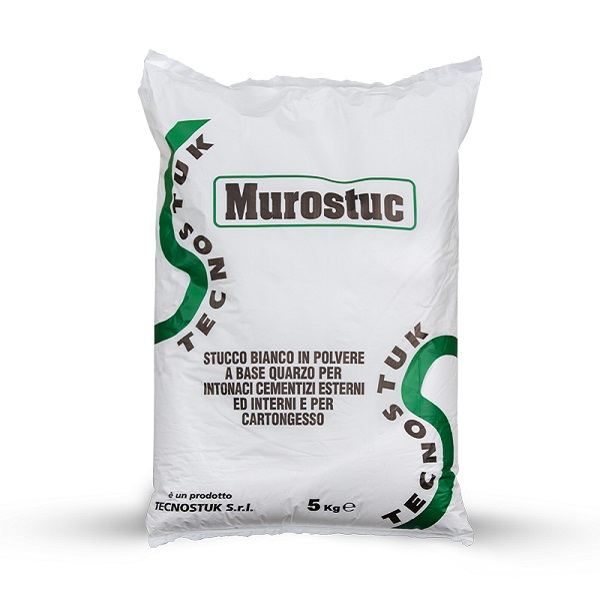 Stucco in polvere_Murostuc Murostuc, stucco bianco in polvere a base quarzo per intonaci cementizi esterni e interni, ideale per cartongesso. Confezioni da 1 e da 5 kg
