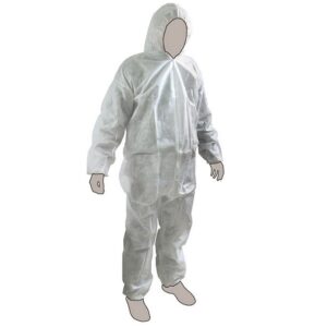 Tuta protettiva bianca in polipropilene, per uso generico. Ideale per decoratori, è disponibile in 3 taglie: L, XL e XXL.