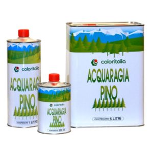 Acquaragia Pino; ragia minerale purissima disponibile in tre lattaggi: 1/2 litro, 1 litro e 5 litri.