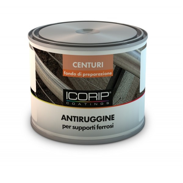 Antiruggine sintetica Centuri di Icorip, ideale come fondo per supporti ferrosi, disponibile grigia e arancio minio in diversi formati