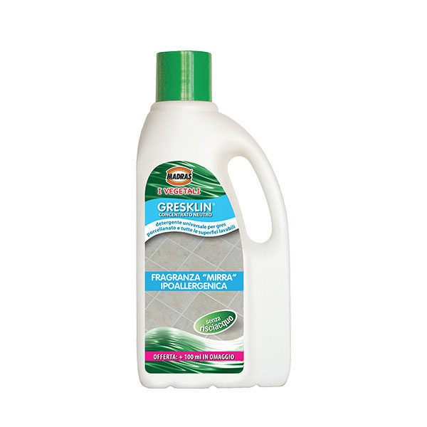 Gresklin di Madras, detergente ecologico e biodegradabile per superfici in vari tipi di gres,pavimenti e superfici ceramiche e lavabili in genere. Flacone da 1 Lt