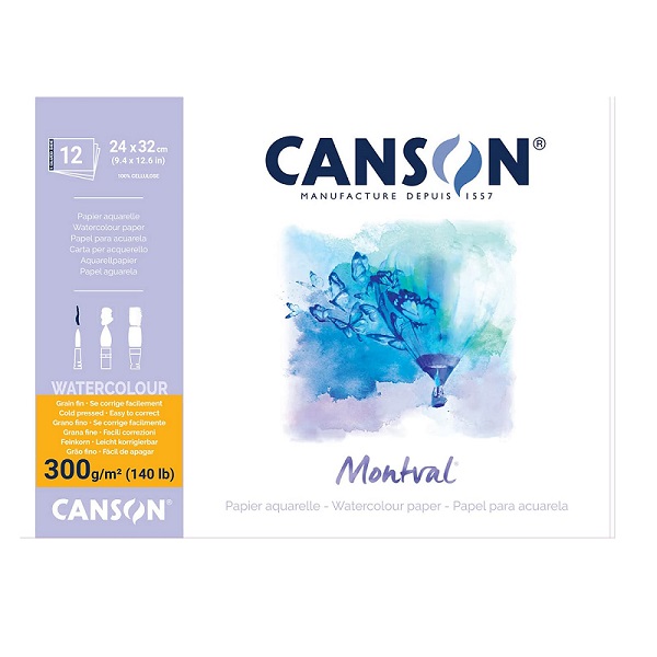 Blocco Canson Montval; carta a grana fine , peso 300g/m2, cm 24x32, per acquerello, acrilico e guazzo