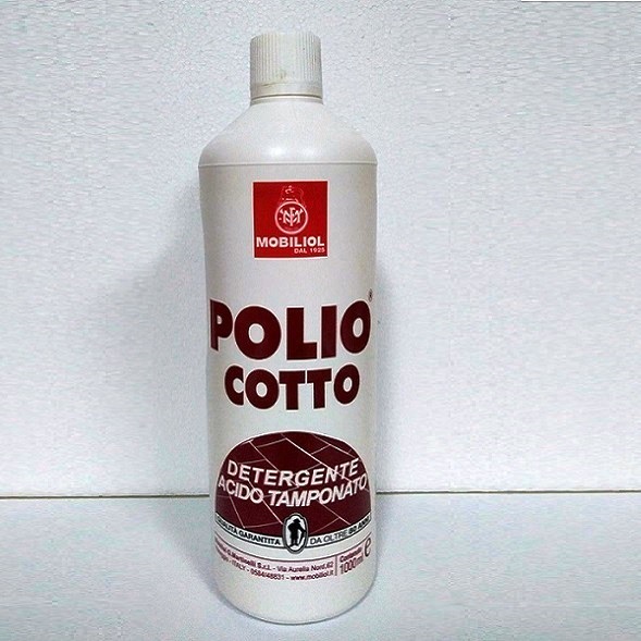 Polio Cotto di Mobiliol, detergente a base di acido tamponato per la pulizia di pavimenti in cotto e gres di prima posa. Flacone da 1 Lt